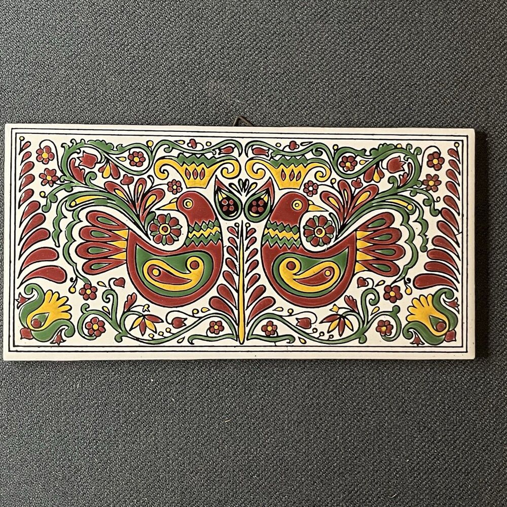 Vtg Nassos Rodos Greek Ceramic Wall Art Tile Plaque Mid Century Folk Art Birds